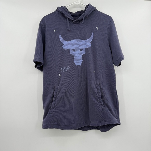 Under Armour Sweatshirt Men Large Blue Project Rock Short Sleeve Hoodie Workout - Picture 1 of 12
